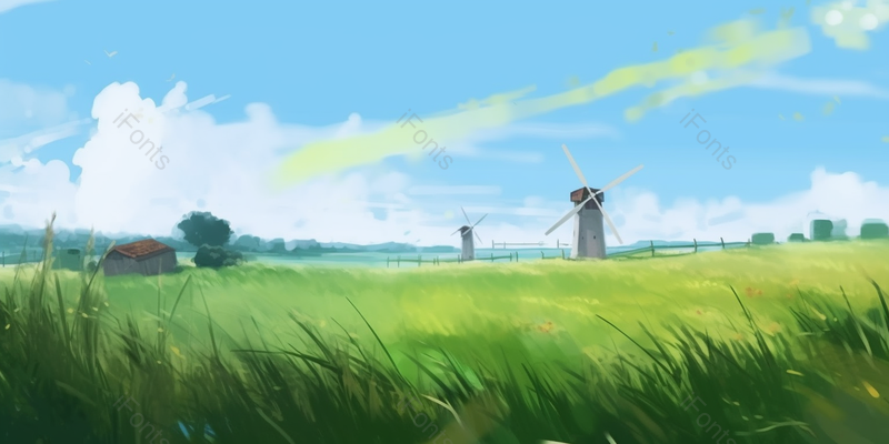 一望无际的绿色麦田和风车插画,插画/手绘图,插画/手绘图库,插画/手绘图下载,插画/手绘
